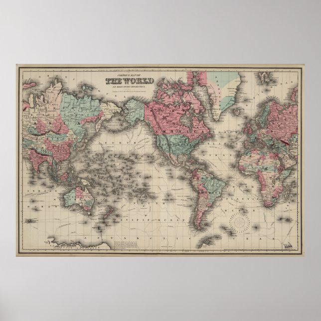 Poster Mapa Vintage do Mundo (1869) (Frente)