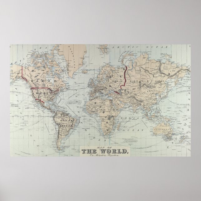 Poster Mapa Vintage do Mundo (1875) (Frente)