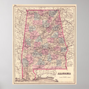 Poster Mapa Vintage dos condados do Alabama (1876)