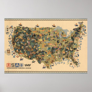 Poster Mapa Vintage Dos Estados Unidos
