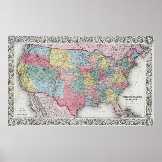 Póster Mapa Vintage dos Estados Unidos (1853) (Frente)