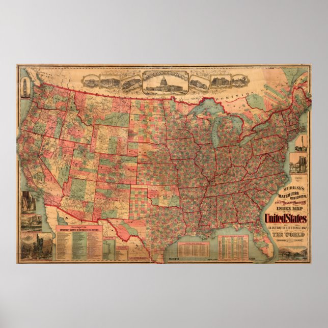 Póster Mapa Vintage dos Estados Unidos (1883) (Frente)