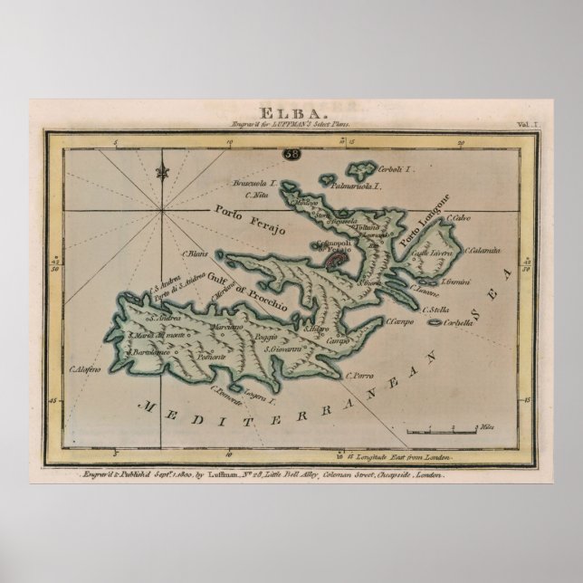 Poster Mapa Vintage Elba Itália (1800) (Frente)