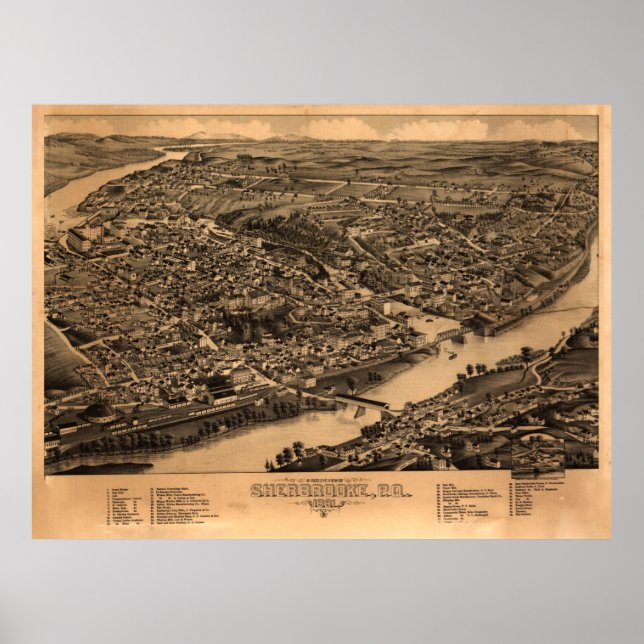 Poster Mapa Vintage Sherbrooke Canadá (1881) (Frente)
