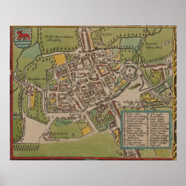 Póster Mapa Vintge de Oxford England (1605) (Frente)