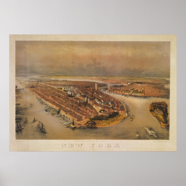 Póster Mapa visual do pássaro do Nova Iorque Vintage 1847 (Frente)