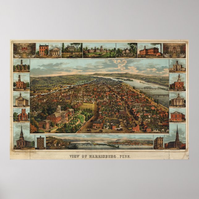 Poster Mapa Williams de Harrisburg, reimpressão PA (1855) (Frente)