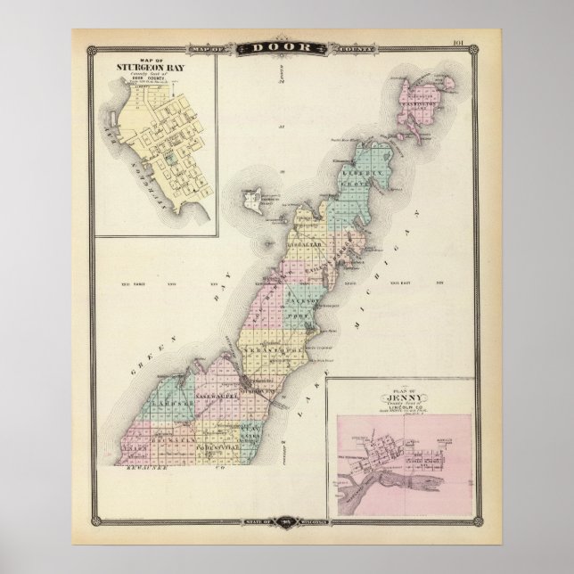 Poster Mapas de Door County, Sturgeon Bay e Jenny (Frente)