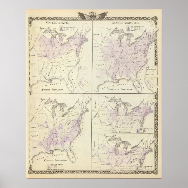 Póster Mapas de recenseamento dos Estados Unidos em 1870 (Frente)