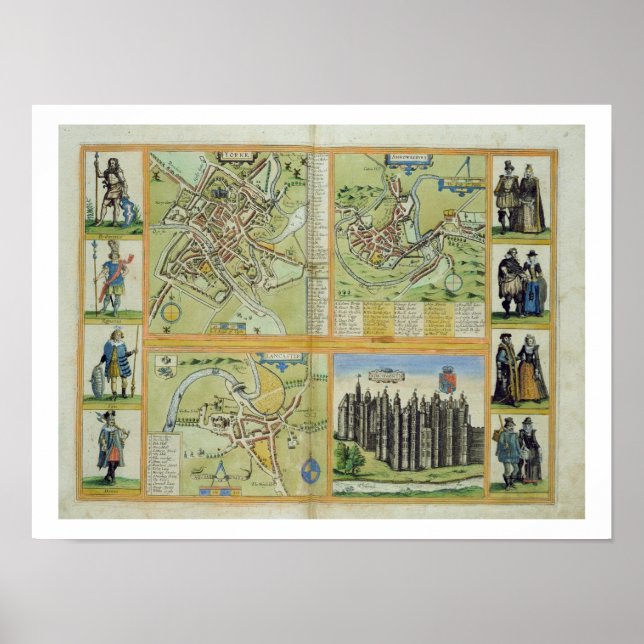 Poster Mapas de York, Shrewsbury, Lancaster e Richmond, (Frente)