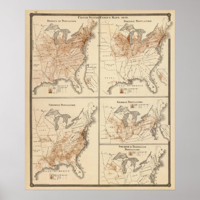 Poster Mapas do Censo dos Estados Unidos, 1870 (Frente)
