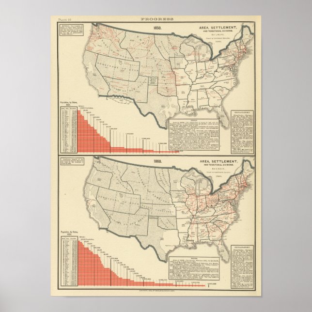 Póster Mapas litográficos de duas cores dos Estados Unido (Frente)