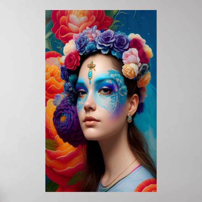 Poster maquiagem da face azul-Floral (Frente)