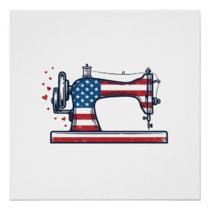 Póster Máquina de Costura Patriótica Vetor de Gravura Vin