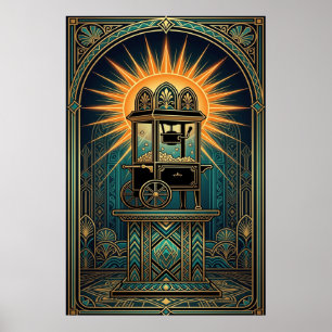 Poster Máquina de Pipoca Cinema Art Déco Dourado e Azul T