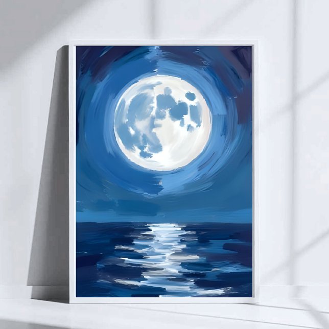 Poster Mar com Luar | Reflexo em Aquarela da Noite no Oce (Criador carregado)