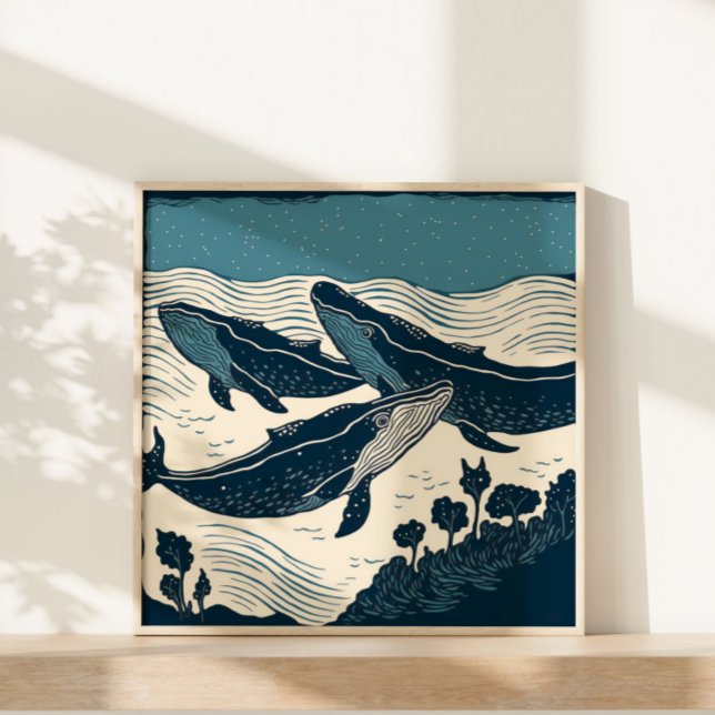 Poster Mar de Baleias Natureza Marinha Linocut Nova Escóc (A small print perfect for small spaces.)