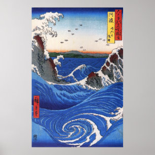 Póster Mar selvagem que quebra nas rochas, Hiroshige
