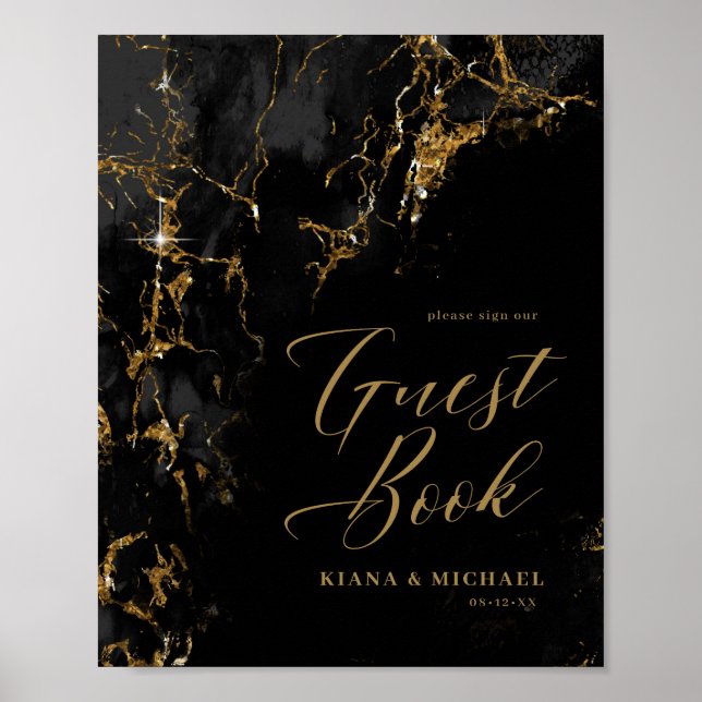 Poster Marble Glitter Wedding Guests Black Dourado ID644 (Frente)