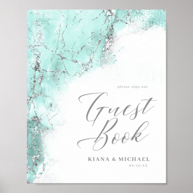 Poster Marble Glitter Wedding Guests Teal Silver ID644 (Frente)