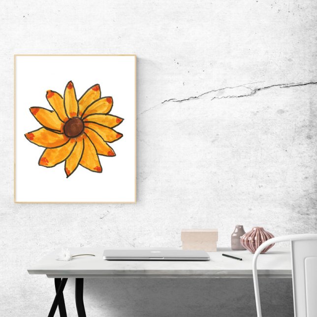 Poster Marcador Amarelo Desenho Da Mão Da Flor (A poster of a hand drawn yellow flower with red and orange tips)