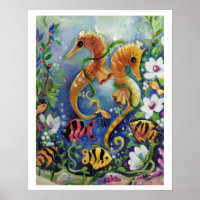 MarCavalo e peixes tropicais, coloridos