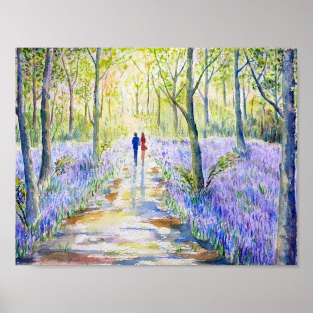 Póster Marcha de madeira Bluebell com pintura por aquarel (Frente)