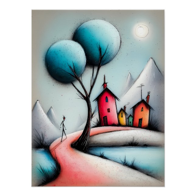 Póster Märchenhafte Cartoon Landschaft mit Weg und Häuser (Frente)