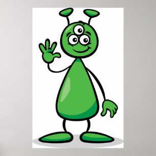Poster Marciano Alien Verde de Três Olhos Cartoon