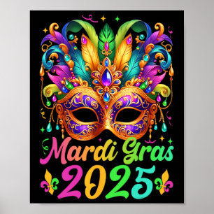 Poster Mardi Gras 2025 Máscara Penas Mardi Gras Family Co