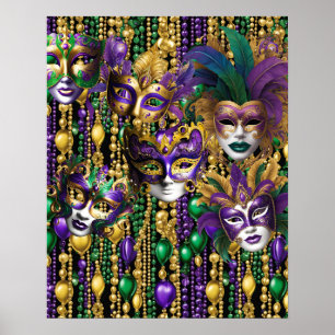 Poster Mardi Gras Carnaval Roxo Verde Máscara Miçanga Art