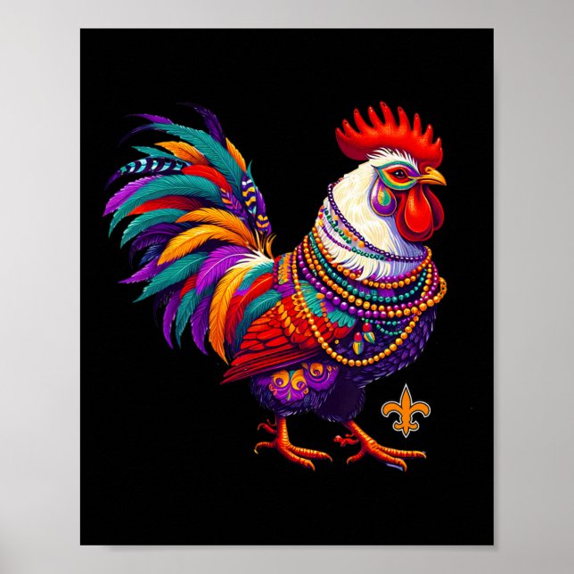 Poster Mardi Gras Chicken Rooster Miçangas Nova Orleans E (Frente)