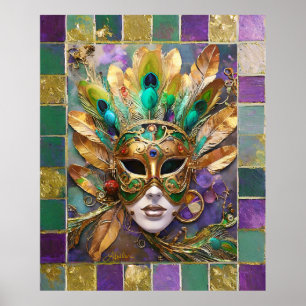 Poster Mardi Gras Dourada e Máscara de Pavão Verde