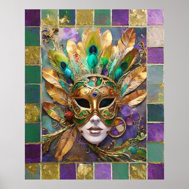 Poster Mardi Gras Dourada e Máscara de Pavão Verde (Frente)