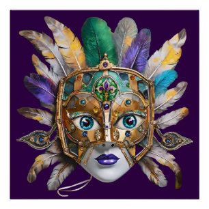 Póster Mardi Gras Feather e Metal Mask