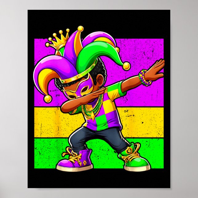 Poster Mardi Gras Funny Dabbing Black Boy Jester Hat Kid  (Frente)