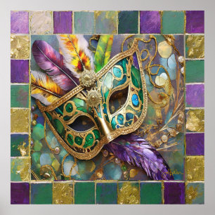 Poster Mardi Gras Green e Dourada Máscara de Penas Colori