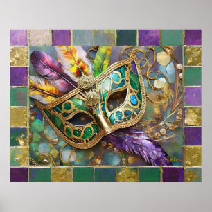 Poster Mardi Gras Green e Dourada Máscara de Penas Colori