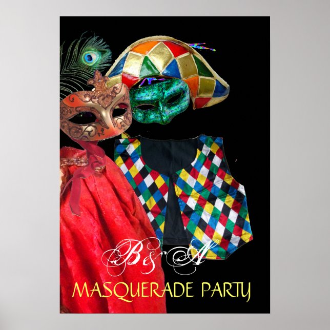 PÓSTER MARDI GRAS MASCARADA, HARLEQUIN COSTUME MONOGRAMA (Frente)