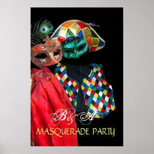 PÓSTER MARDI GRAS MASCARADA, HARLEQUIN COSTUME MONOGRAMA