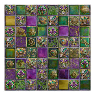 Póster Mardi Gras Masks Feathers Fleur de lis Tile Print
