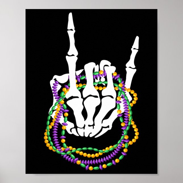 Poster Mardi Gras Rocker Skeleton Rock Hand Bones Música  (Frente)