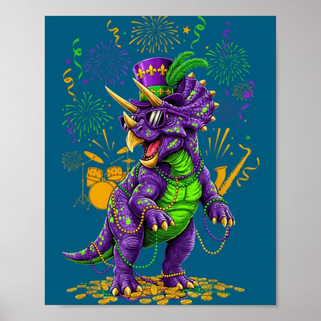 Poster Mardi grawr t-rex dino mardi gras com óculos de so (Frente)