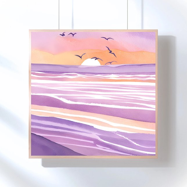 Póster Mares Rosa | Aquarela Ondas do Oceano Sunset (Criador carregado)