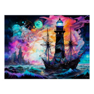 Póster Mares tempestuosos, farol de barco Abstrato da Lua