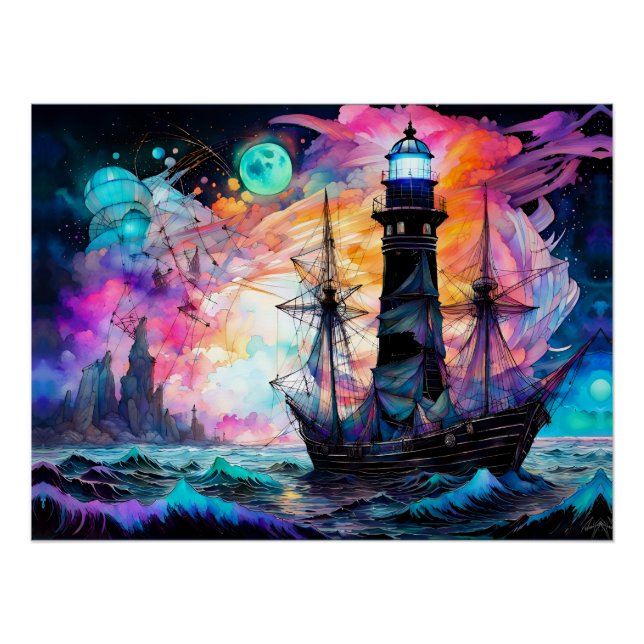Póster Mares tempestuosos, farol de barco Abstrato da Lua (Frente)