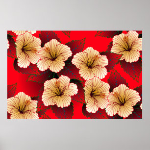 Poster marfim hibiscus flores padrão sem costura em verm