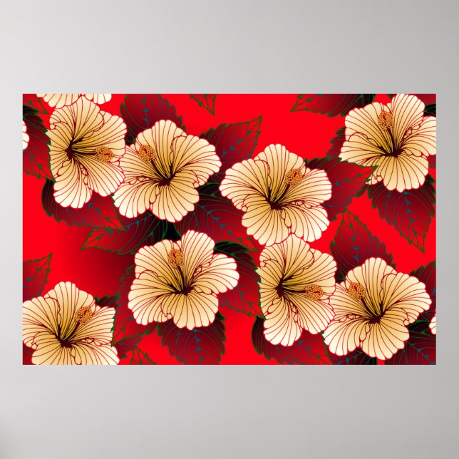 Poster marfim hibiscus flores padrão sem costura em verme (Frente)