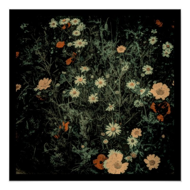 Póster margarida branca boêmica floral preto (Frente)