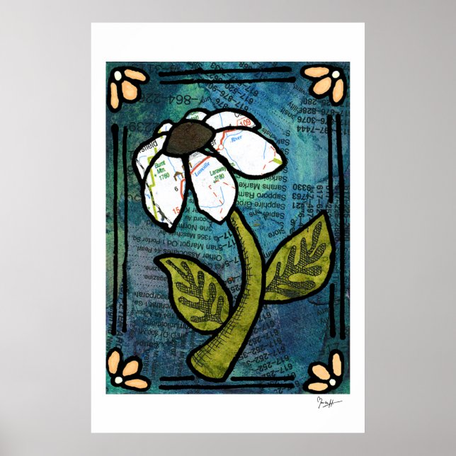 Poster Margarida Branca em Fundo Azul - Colagem (Frente)